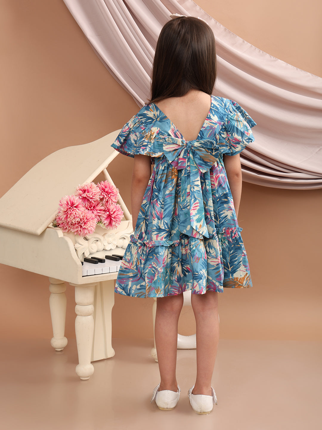 Girls Cotton Tropical Printed Frill Sleeves Frock/Dress with Stylish Back Bow, Blue