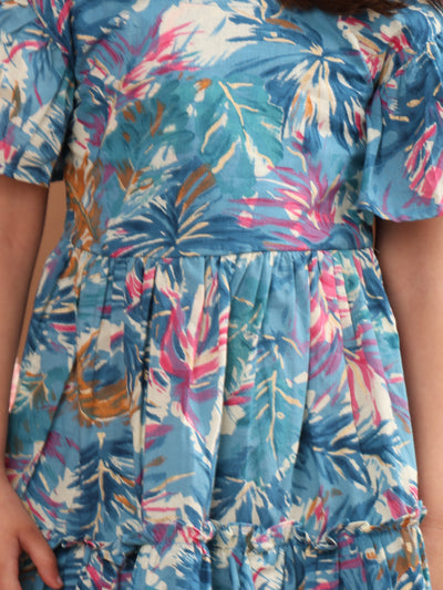 Girls Cotton Tropical Printed Frill Sleeves Frock/Dress with Stylish Back Bow, Blue