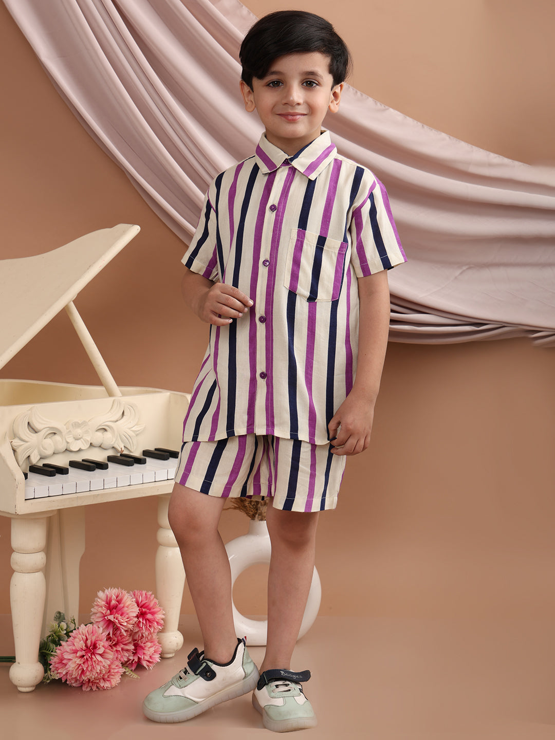 Boys Co-ord Set With Rayon Striped Printed Shirt And Matching Shorts Clothing Set, Purple