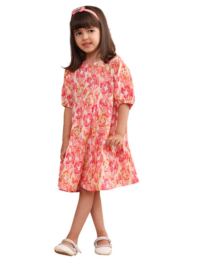 Girls Cotton Floral Printed Round Neck Flared Frock/Dress with Balloon Style Sleeves, Pink