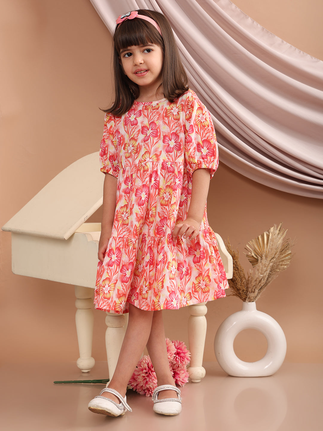 Girls Cotton Floral Printed Round Neck Flared Frock/Dress with Balloon Style Sleeves, Pink