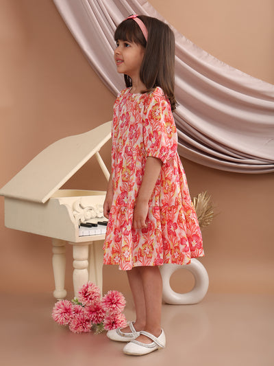 Girls Cotton Floral Printed Round Neck Flared Frock/Dress with Balloon Style Sleeves, Pink