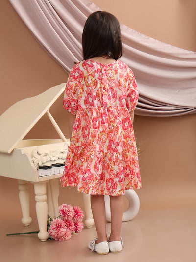 Girls Cotton Floral Printed Round Neck Flared Frock/Dress with Balloon Style Sleeves, Pink