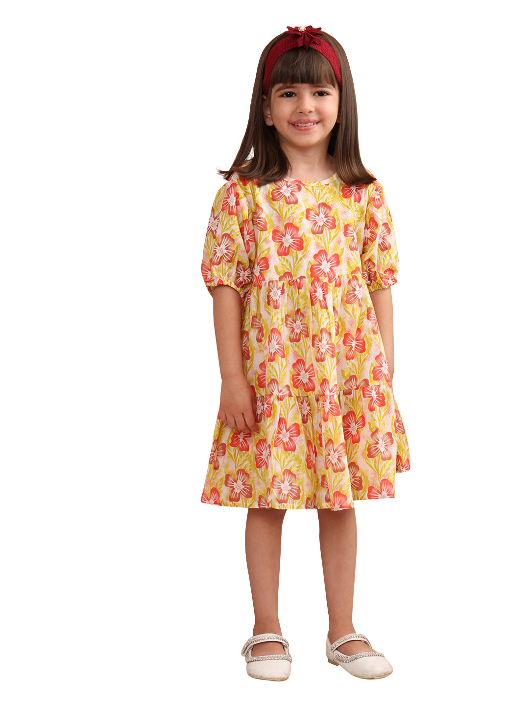 Girls Cotton Floral Printed Round Neck Flared Frock/Dress with Balloon Style Sleeves, Yellow