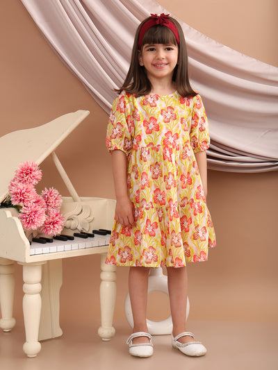 Girls Cotton Floral Printed Round Neck Flared Frock/Dress with Balloon Style Sleeves, Yellow