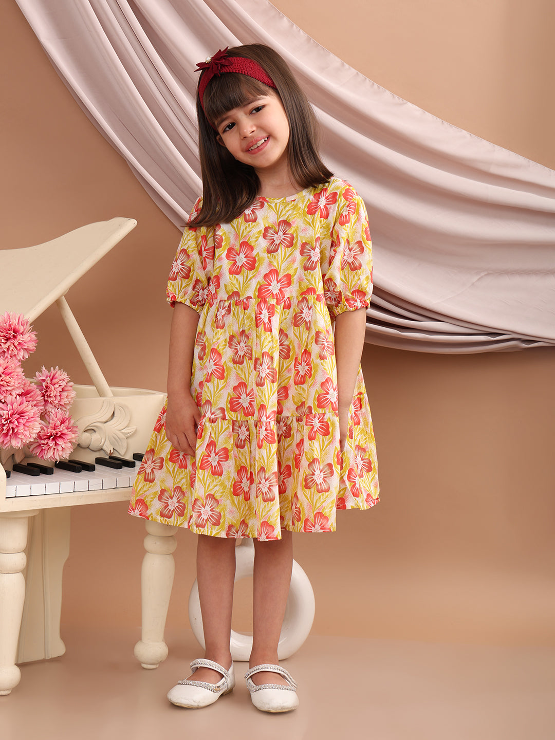 Girls Cotton Floral Printed Round Neck Flared Frock/Dress with Balloon Style Sleeves, Yellow