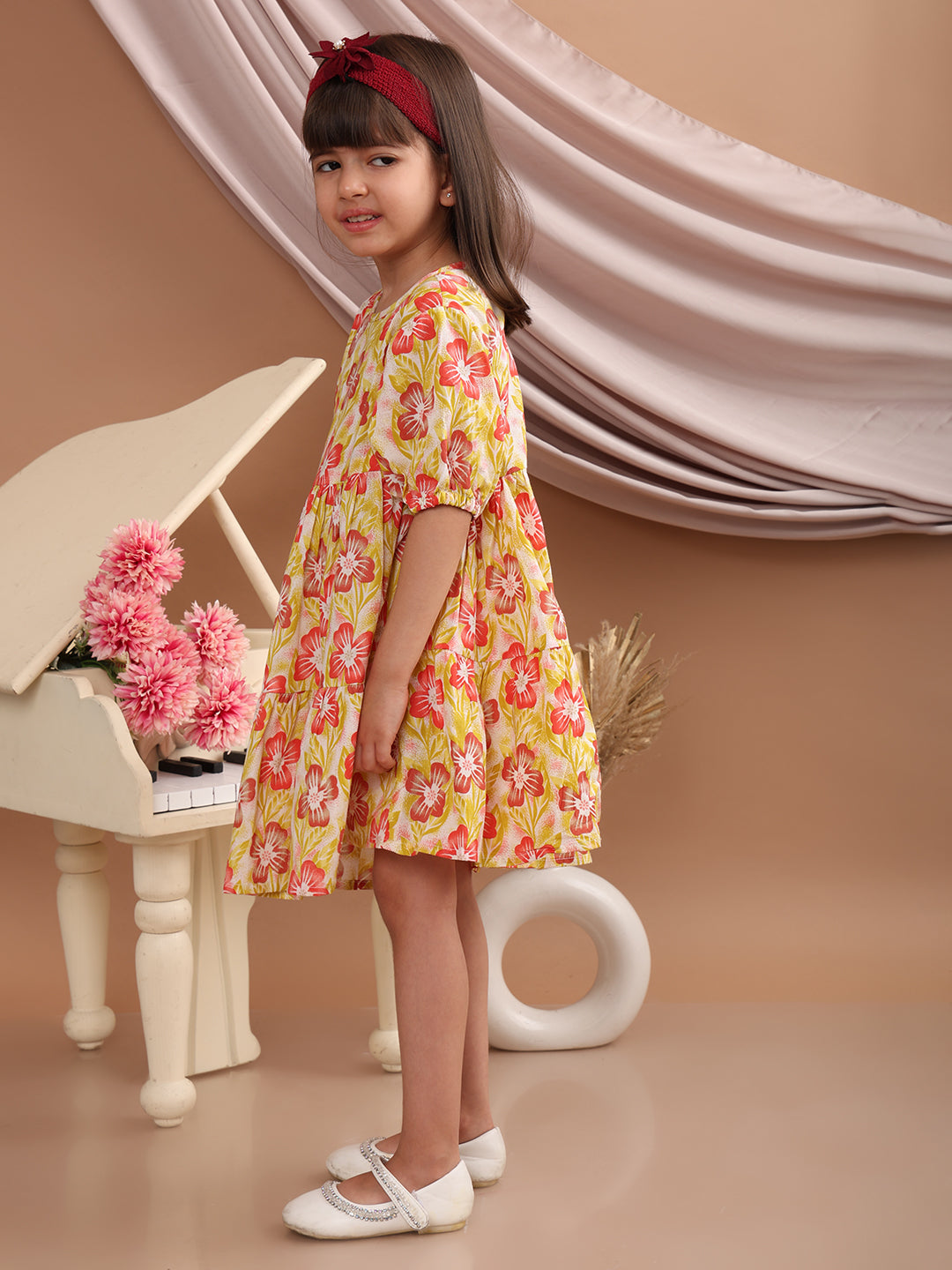 Girls Cotton Floral Printed Round Neck Flared Frock/Dress with Balloon Style Sleeves, Yellow