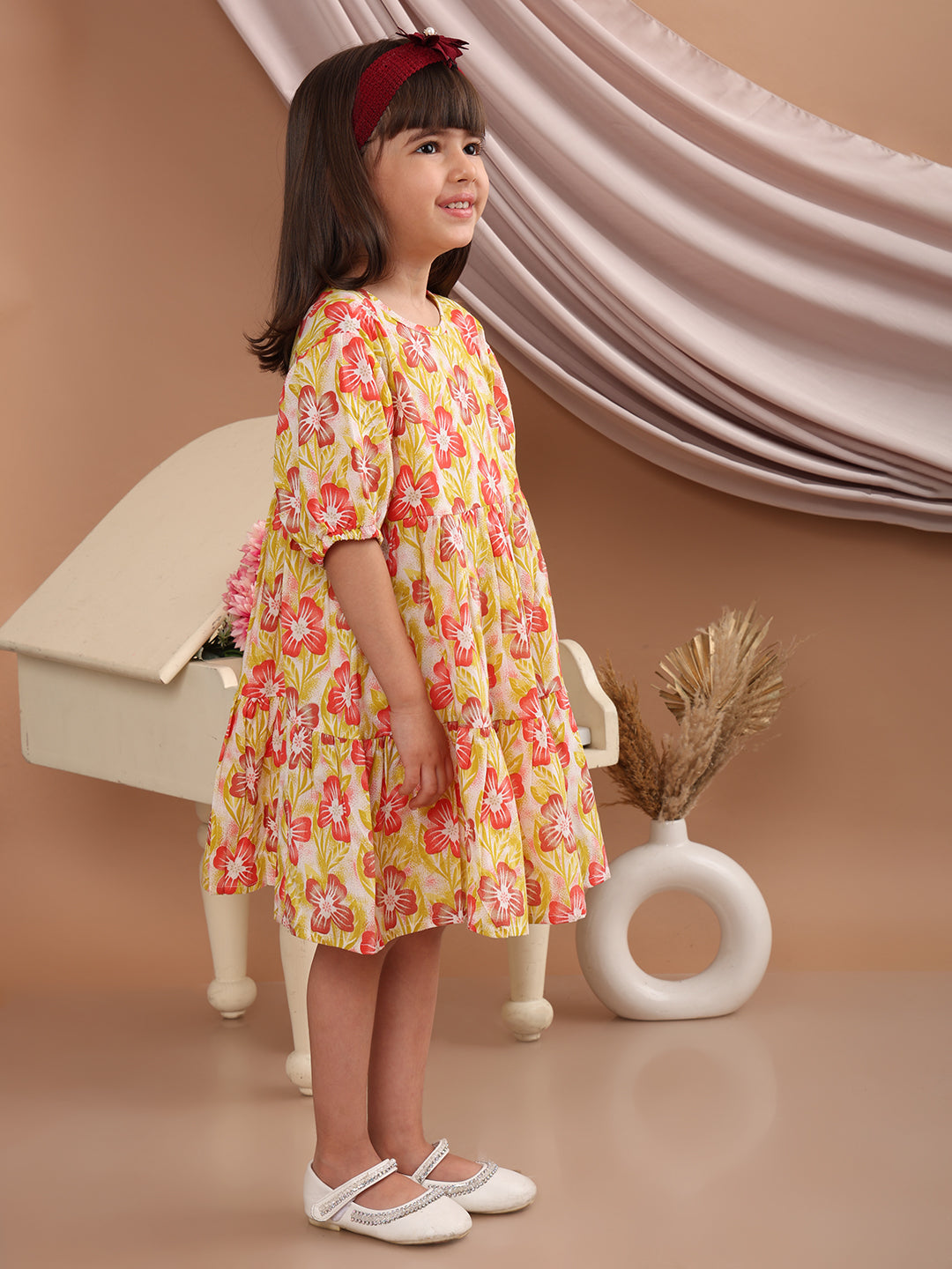 Girls Cotton Floral Printed Round Neck Flared Frock/Dress with Balloon Style Sleeves, Yellow