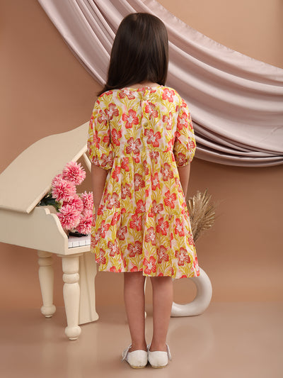 Girls Cotton Floral Printed Round Neck Flared Frock/Dress with Balloon Style Sleeves, Yellow