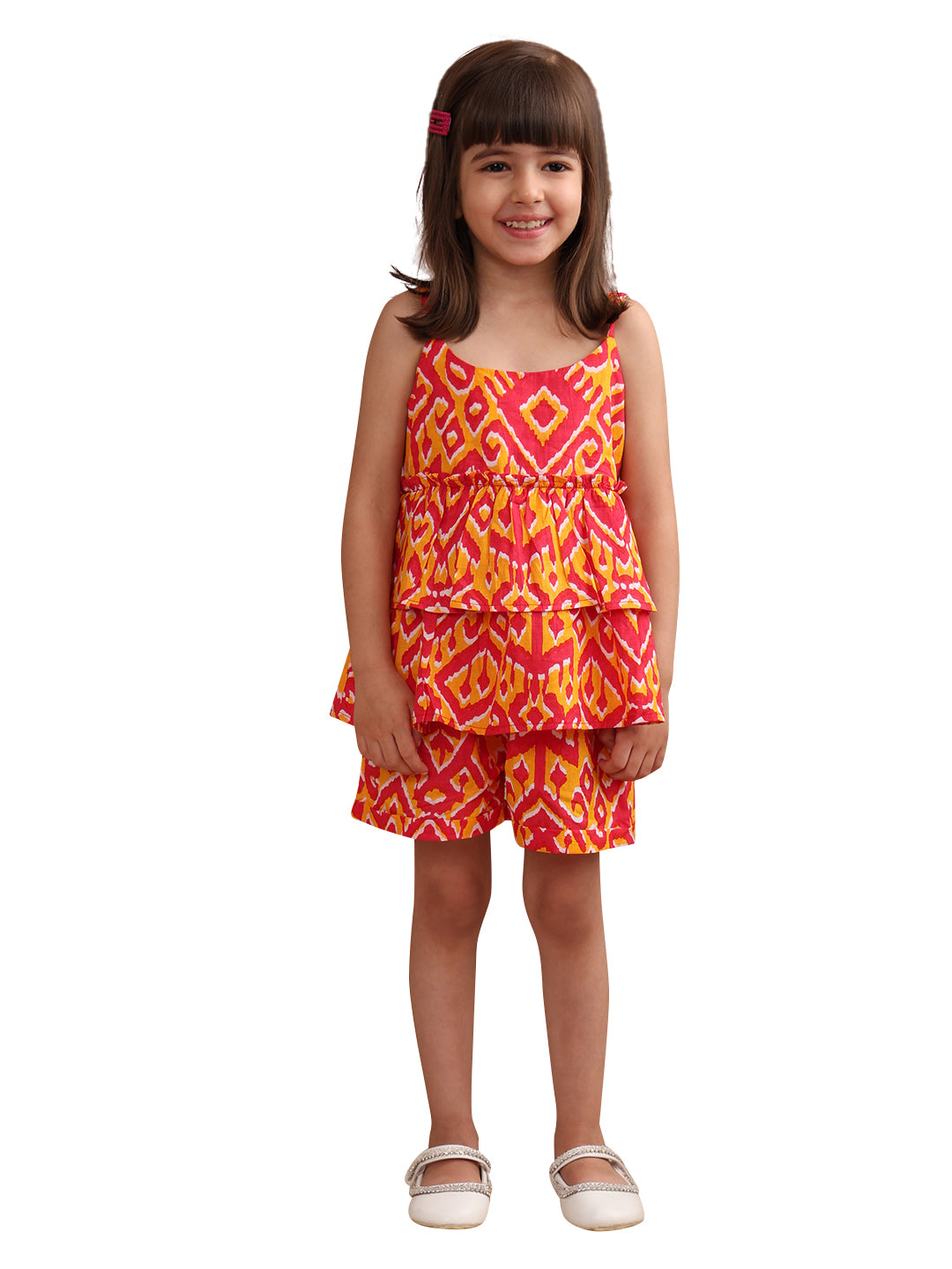 Baby Girls Cotton Ikat Printed Flared Strappy Top with Matching Shorts, Orange