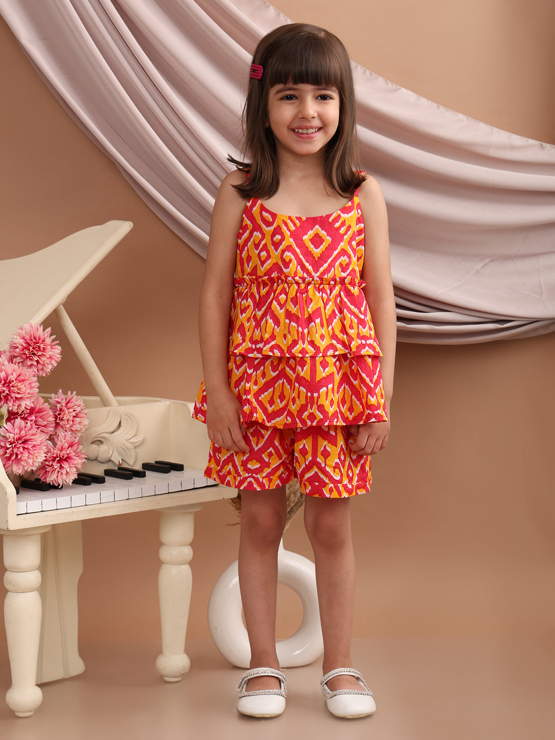 Baby Girls Cotton Ikat Printed Flared Strappy Top with Matching Shorts, Orange