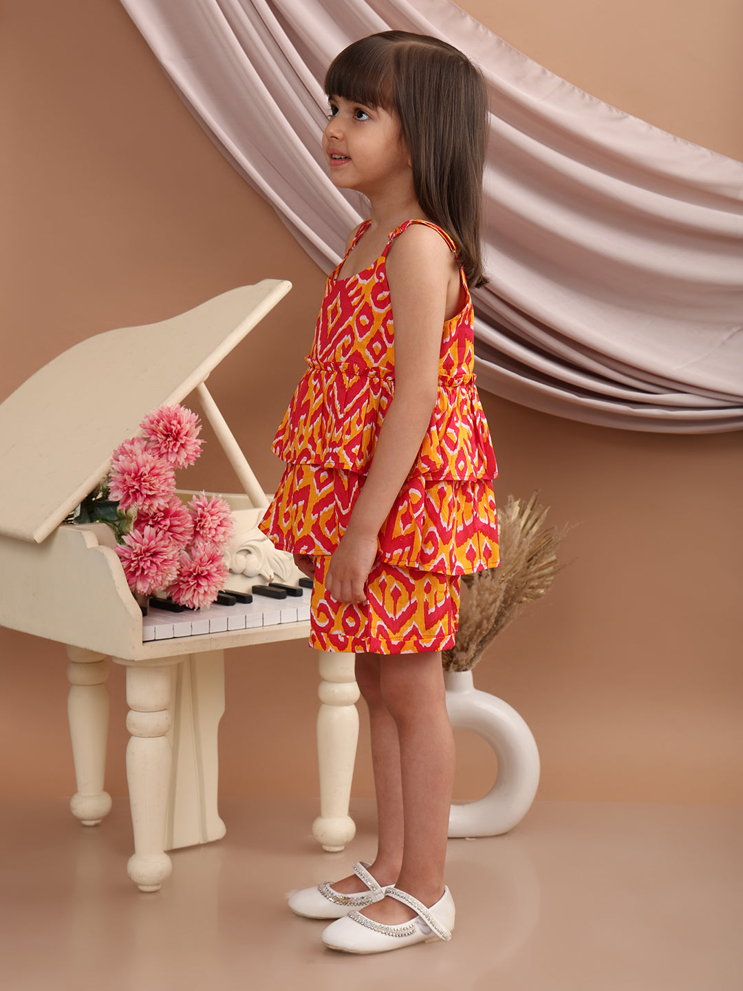 Baby Girls Cotton Ikat Printed Flared Strappy Top with Matching Shorts, Orange