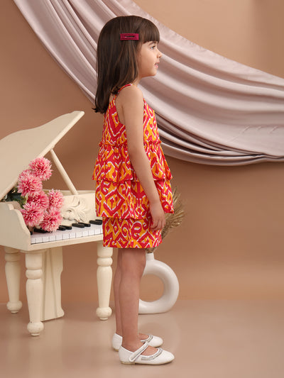 Baby Girls Cotton Ikat Printed Flared Strappy Top with Matching Shorts, Orange