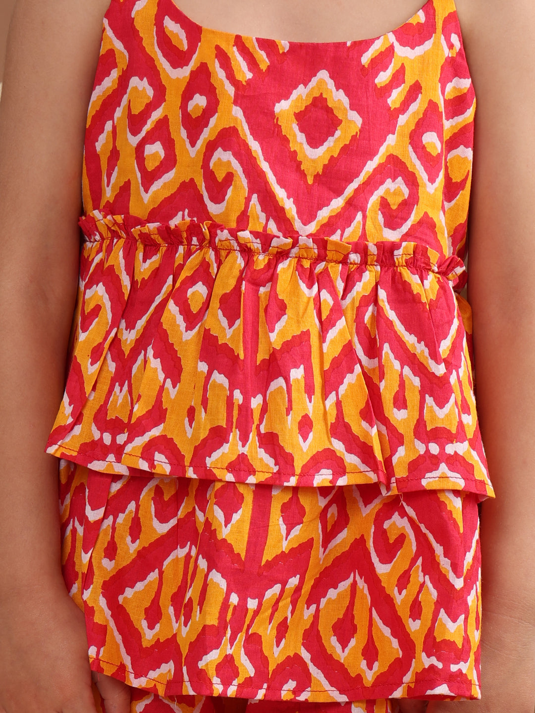 Baby Girls Cotton Ikat Printed Flared Strappy Top with Matching Shorts, Orange