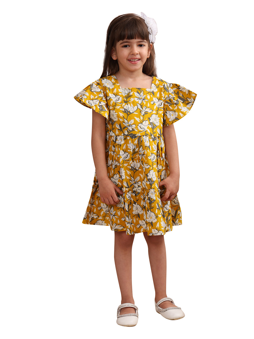 Girls Cotton Tropical Printed Frill Sleeves Frock/Dress with Stylish Back Bow, Yellow