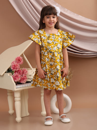 Girls Cotton Tropical Printed Frill Sleeves Frock/Dress with Stylish Back Bow, Yellow