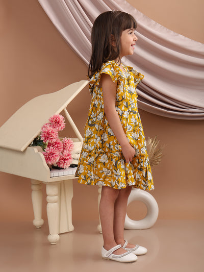 Girls Cotton Tropical Printed Frill Sleeves Frock/Dress with Stylish Back Bow, Yellow