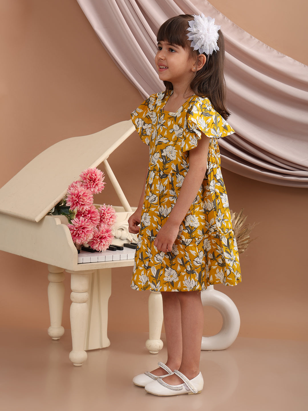 Girls Cotton Tropical Printed Frill Sleeves Frock/Dress with Stylish Back Bow, Yellow