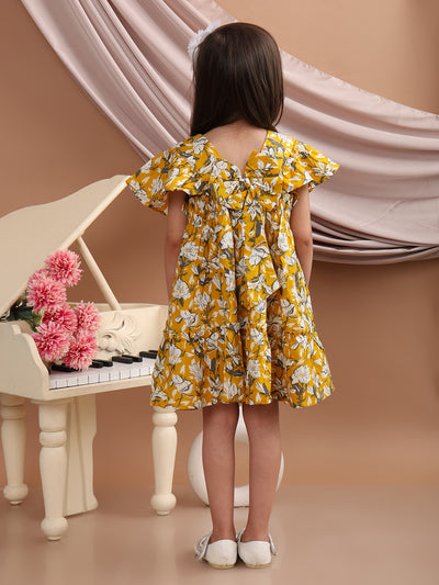 Girls Cotton Tropical Printed Frill Sleeves Frock/Dress with Stylish Back Bow, Yellow