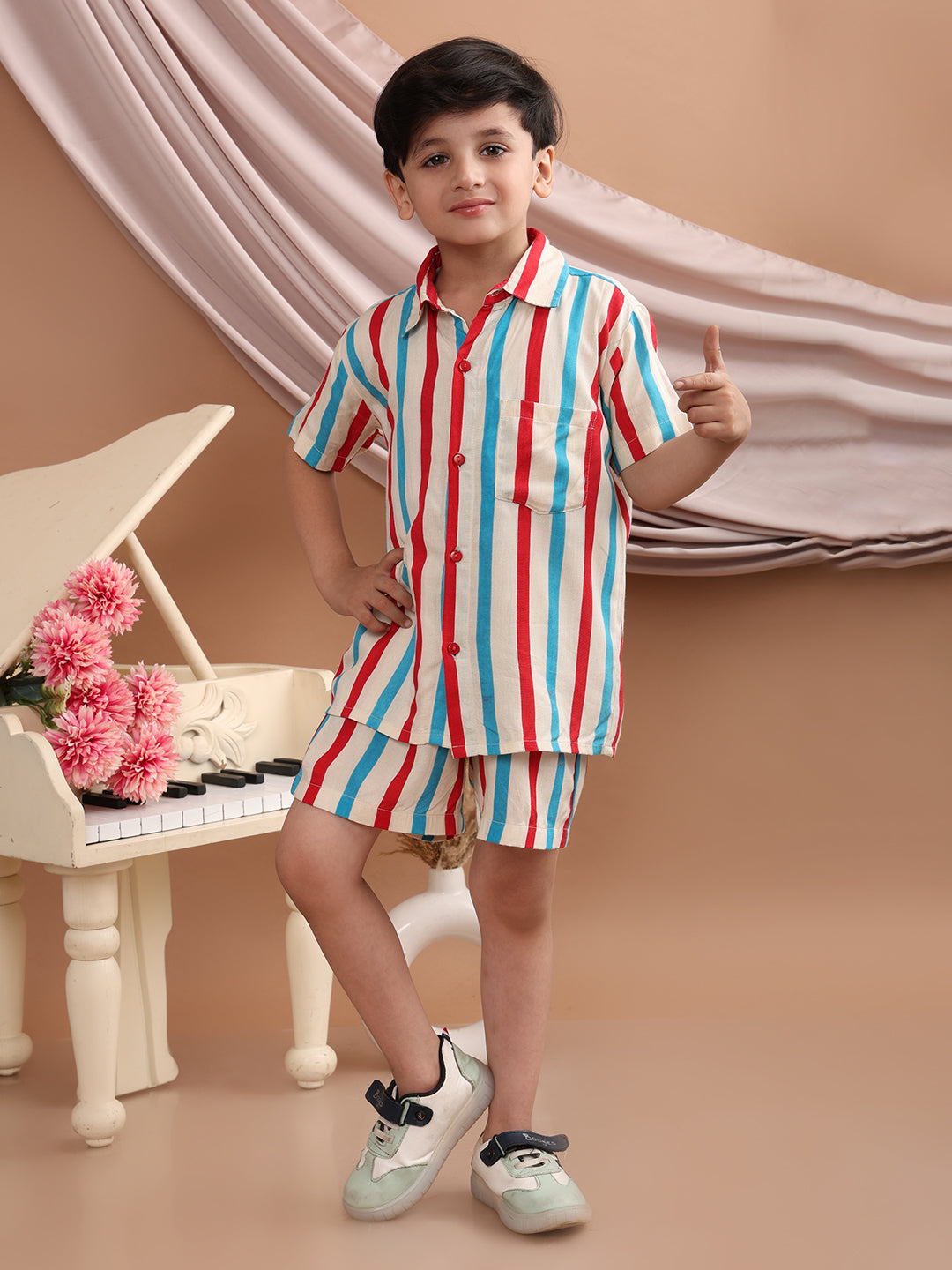 Boys Co-ord Set With Rayon Striped Printed Shirt And Matching Shorts Clothing Set, Red