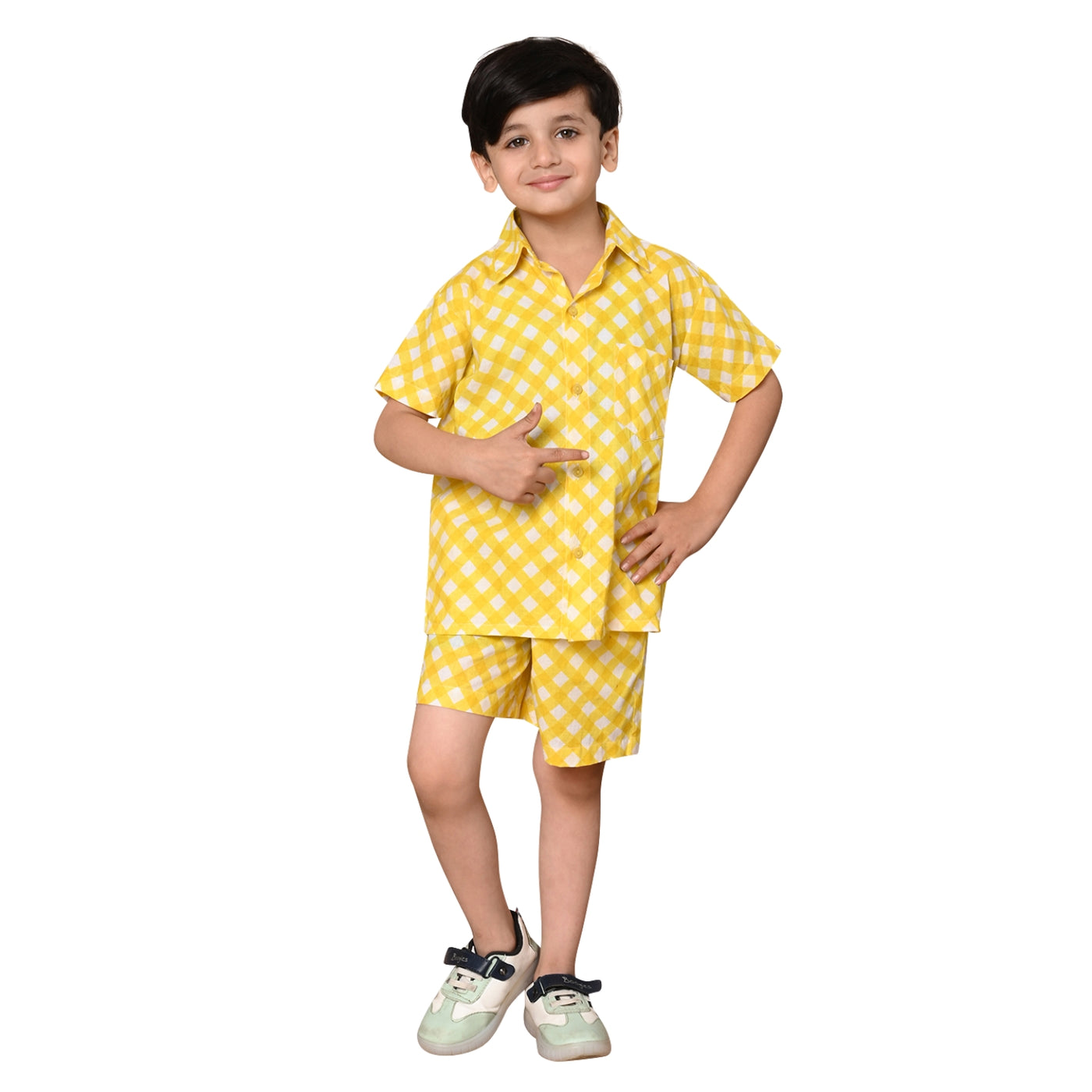 Boys Cotton Check Printed Co-ord Set With Spread Collar Shirt and Short, Yellow