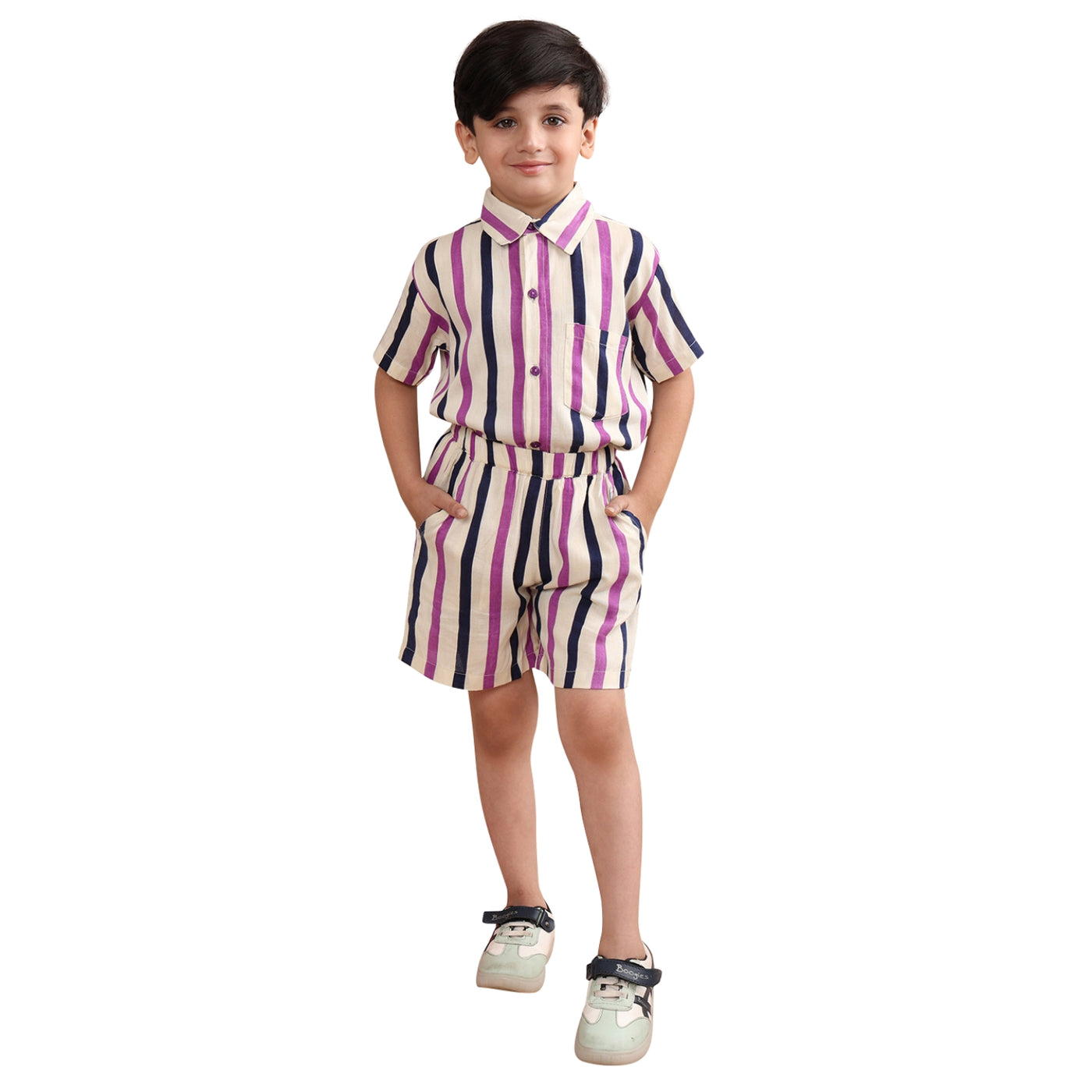 Boys Co-ord Set With Rayon Striped Printed Shirt And Matching Shorts Clothing Set, Purple