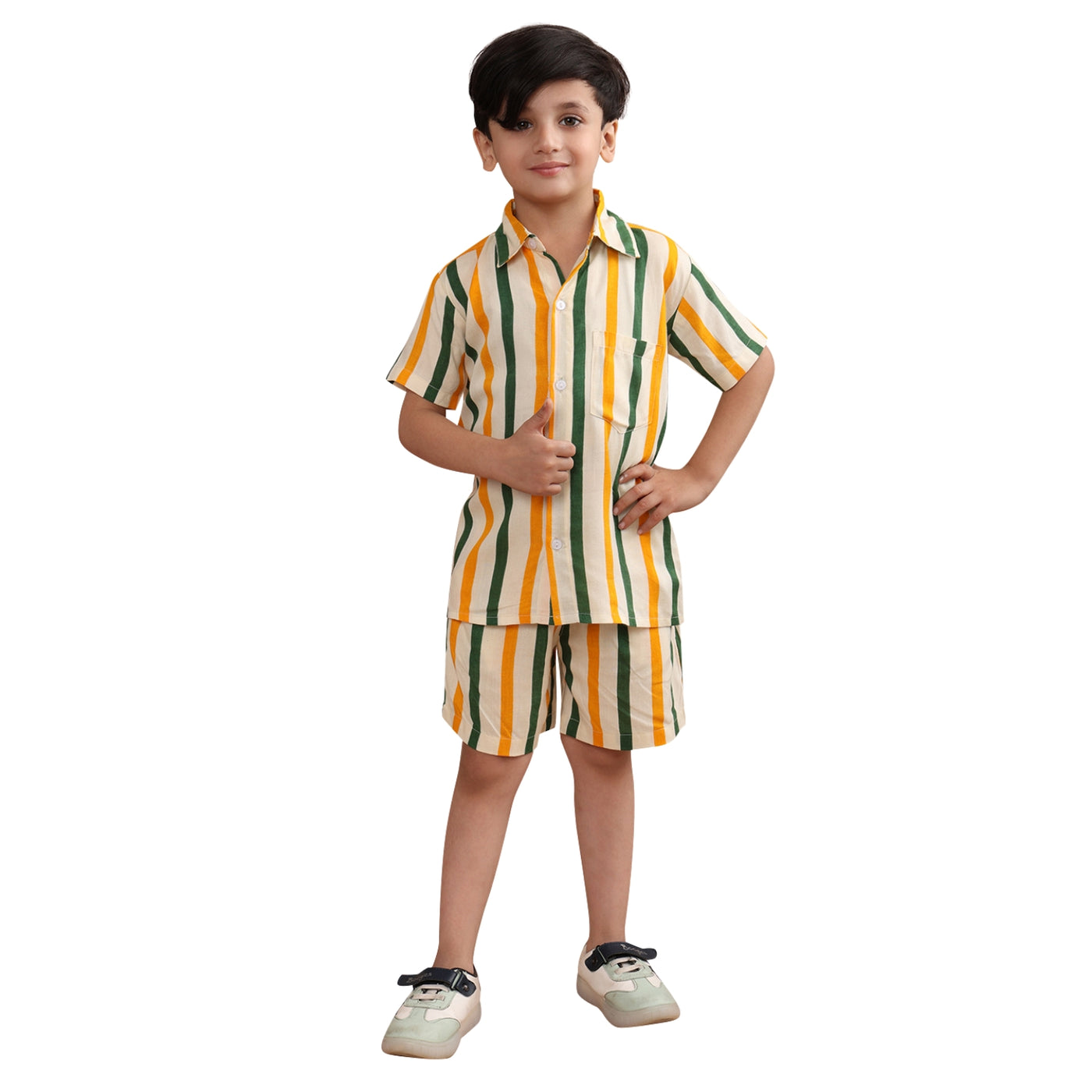 Boys Co-ord Set With Rayon Striped Printed Shirt And Matching Shorts Clothing Set, Orange