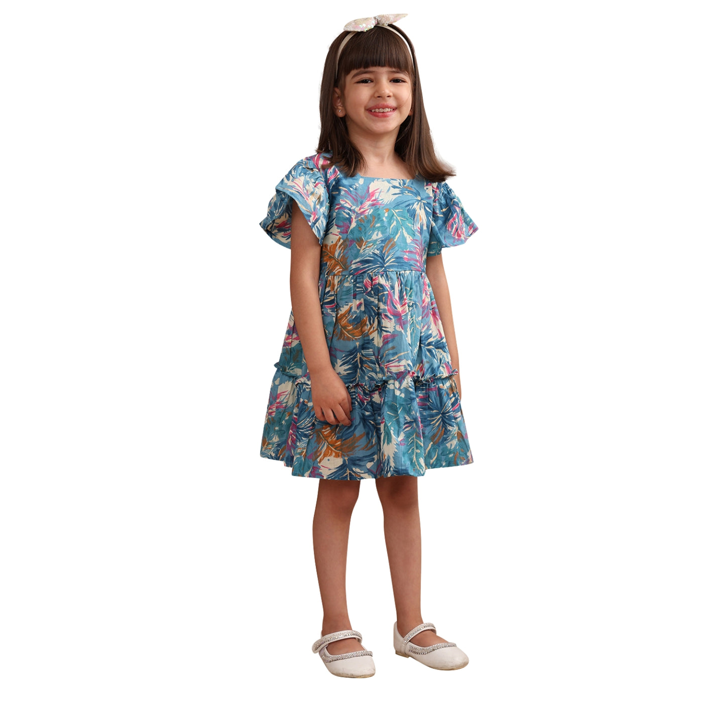 Girls Cotton Tropical Printed Frill Sleeves Frock/Dress with Stylish Back Bow, Blue