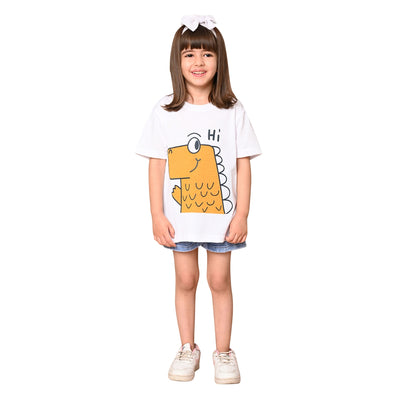 Girls Cotton Printed T-Shirt and Bottom Folded Denim Shorts Clothing Set, Sky Blue+White