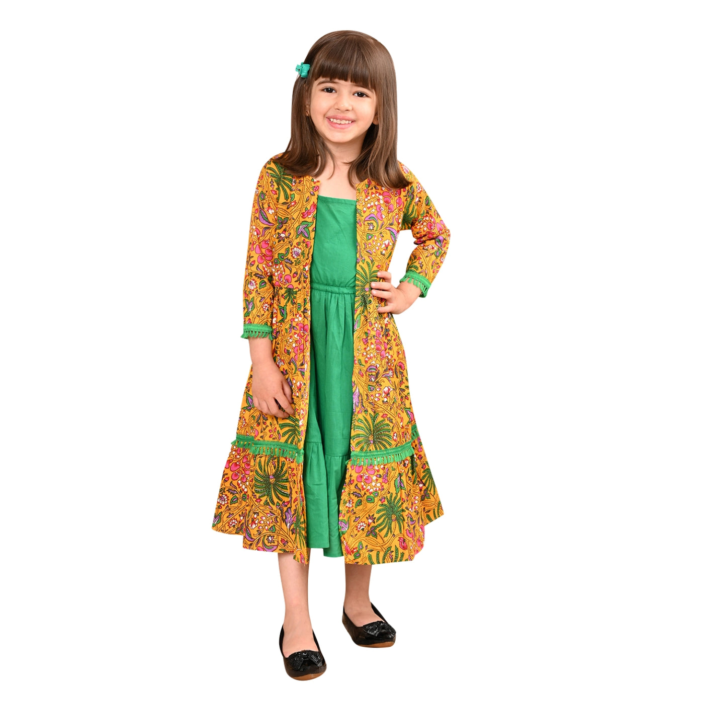 Girls Cotton Floral Printed Front Open Shrug with Solid Color Strappy Top Dress, Yellow