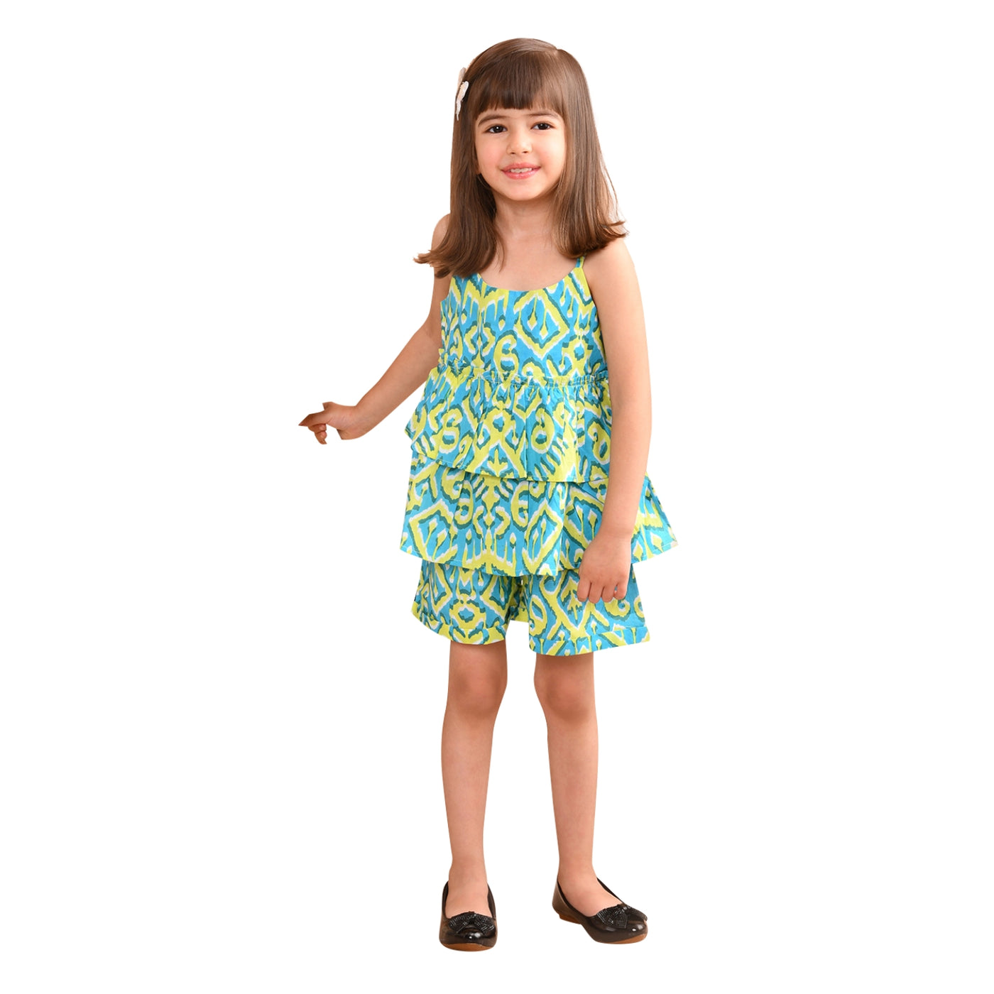 Baby Girls Cotton Ikat Printed Flared Strappy Top with Matching Shorts, Green