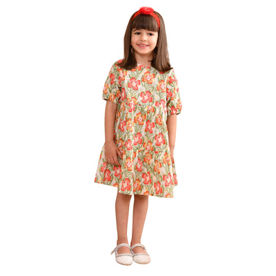 Girls Cotton Floral Printed Round Neck Flared Frock/Dress with Balloon Style Sleeves, Green