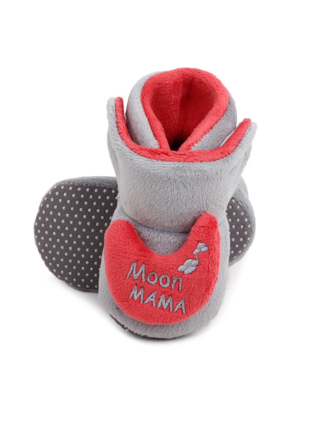 Baby Girls and Baby Boys Ankle Length With Moon Mumma Design Soft Base Booties/Shoes (3-9 Months, Grey & Red)