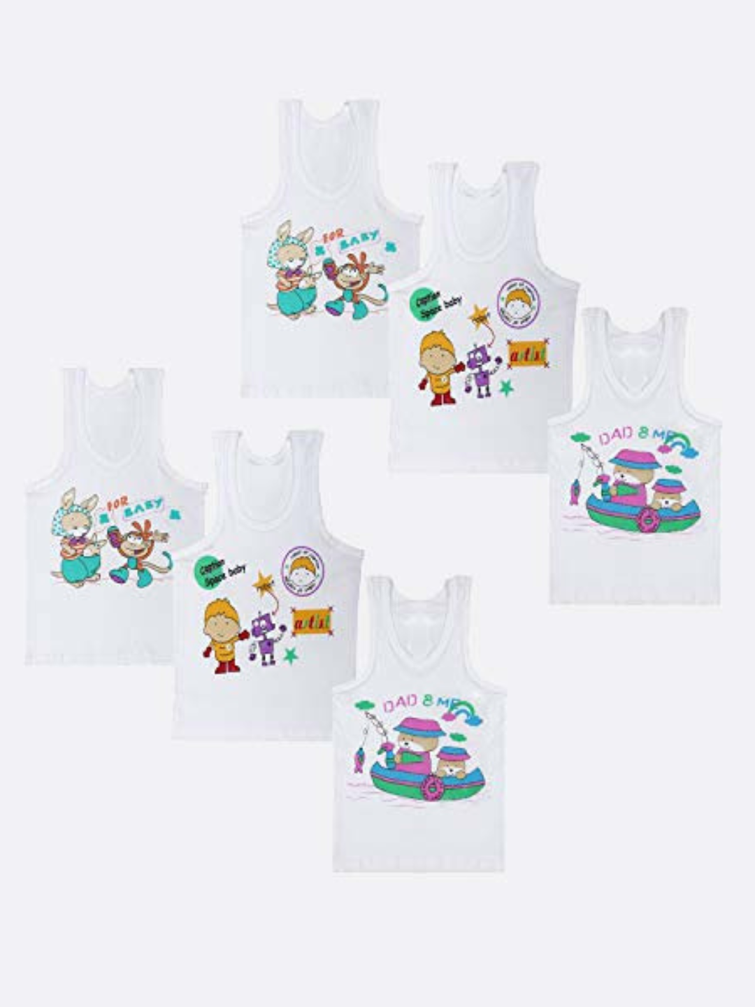 Cotton Vests/Baniyan/Inner Wear - Regular Fit, Sleeveless, Printed Sandos for Girls, Boys and Kids, White - Pack of 6