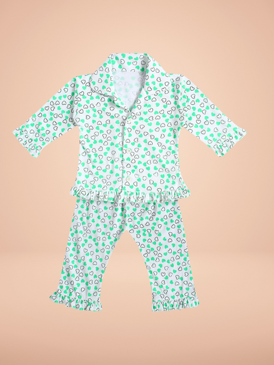 superminis Baby Girls' Heart Print Hosiery Cotton Full Sleeves Night Suit with Frill On T Shirt and Pyjama, Green