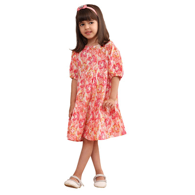 Girls Cotton Floral Printed Round Neck Flared Frock/Dress with Balloon Style Sleeves, Pink