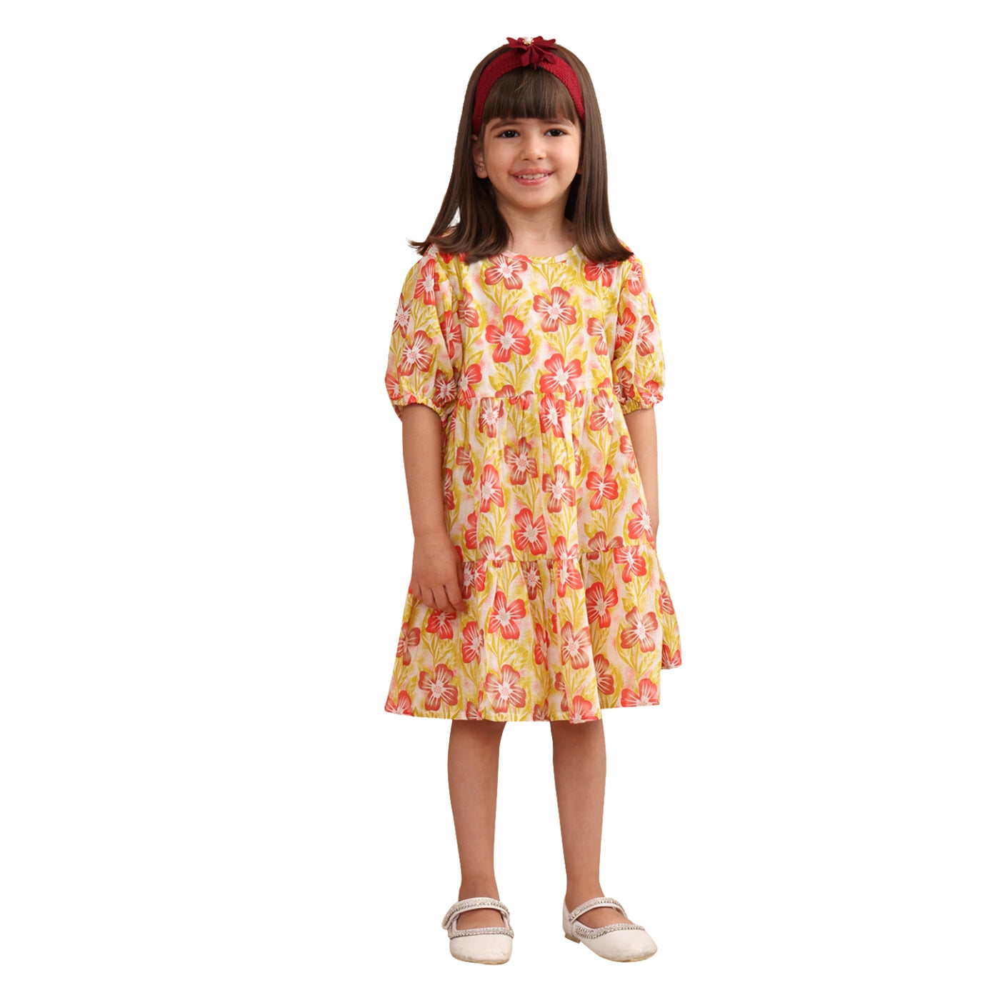 Girls Cotton Floral Printed Round Neck Flared Frock/Dress with Balloon Style Sleeves, Yellow