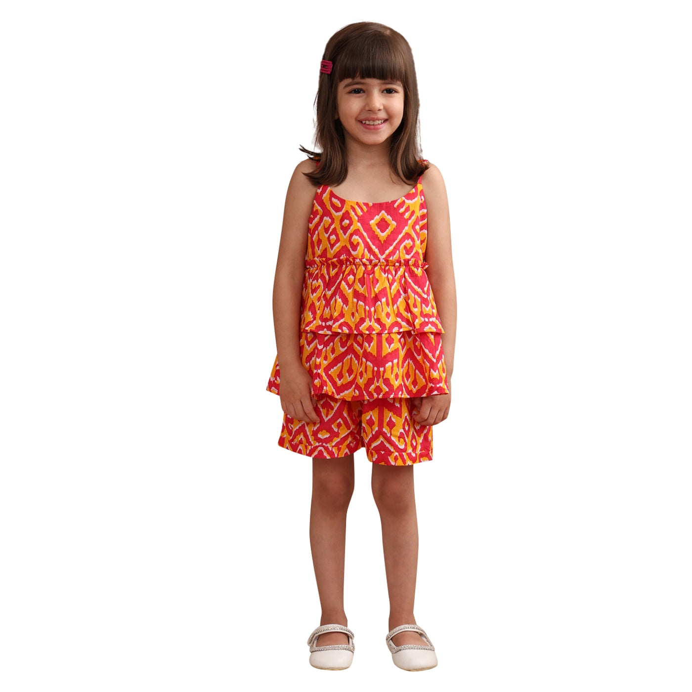 Baby Girls Cotton Ikat Printed Flared Strappy Top with Matching Shorts, Orange