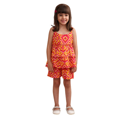 Baby Girls Cotton Ikat Printed Flared Strappy Top with Matching Shorts, Orange