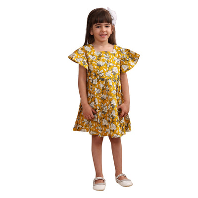 Girls Cotton Tropical Printed Frill Sleeves Frock/Dress with Stylish Back Bow, Yellow