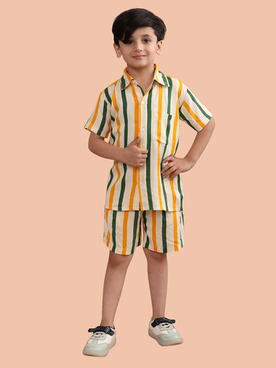 Boys Co-ord Set With Rayon Striped Printed Shirt And Matching Shorts Clothing Set, Orange