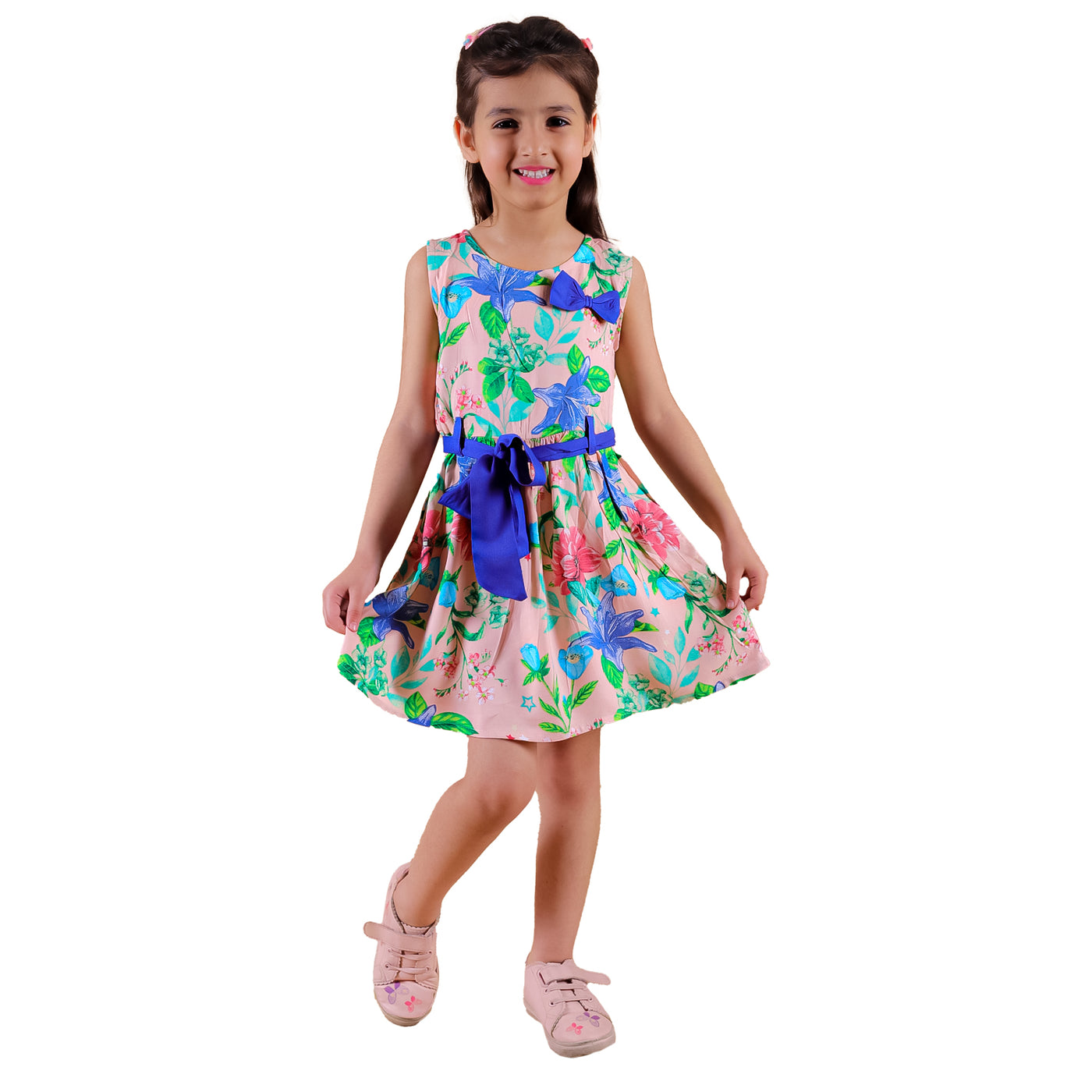 Girls Rayon Floral Printed Sleeveless Frock Dress with Stylish Waistbelt and Elegant Bow, Peach