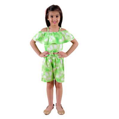 Girls Rayon Off Shoulder Tie-Dye Printed Top and Shorts with Matching Belt, Green