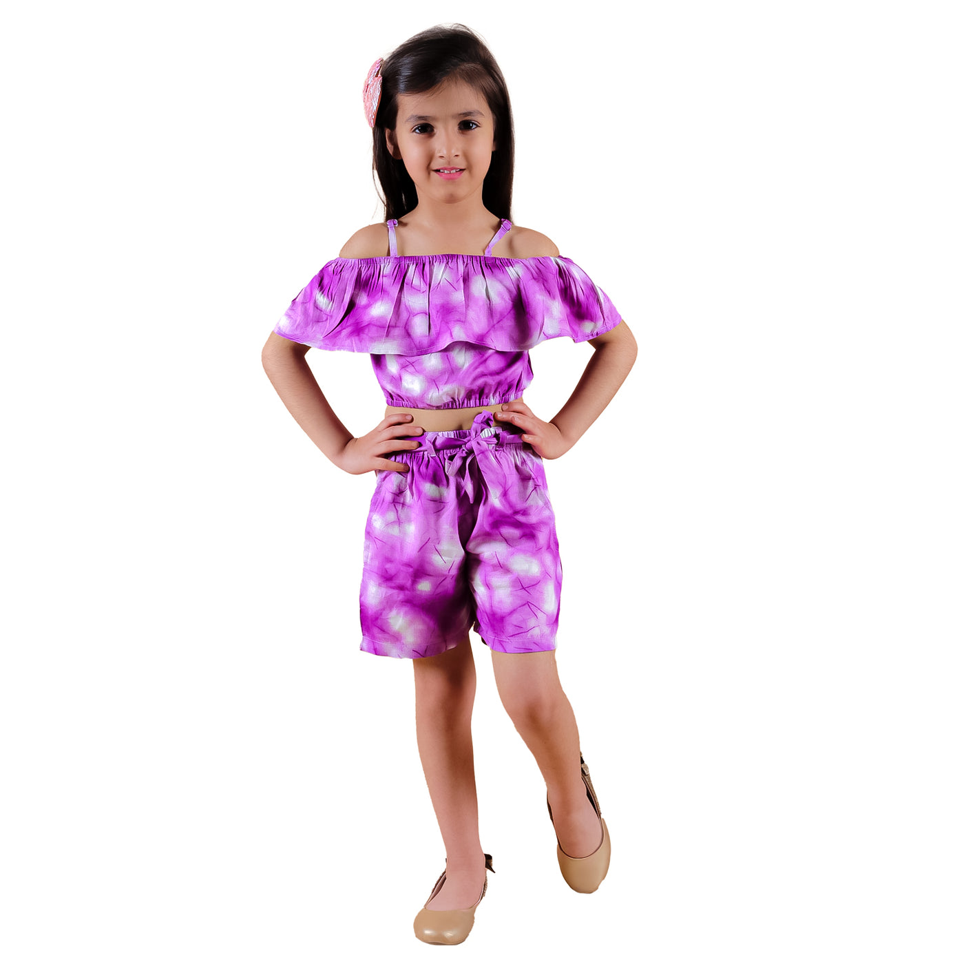 Girls Rayon Off Shoulder Tie-Dye Printed Top and Shorts with Matching Belt, Purple