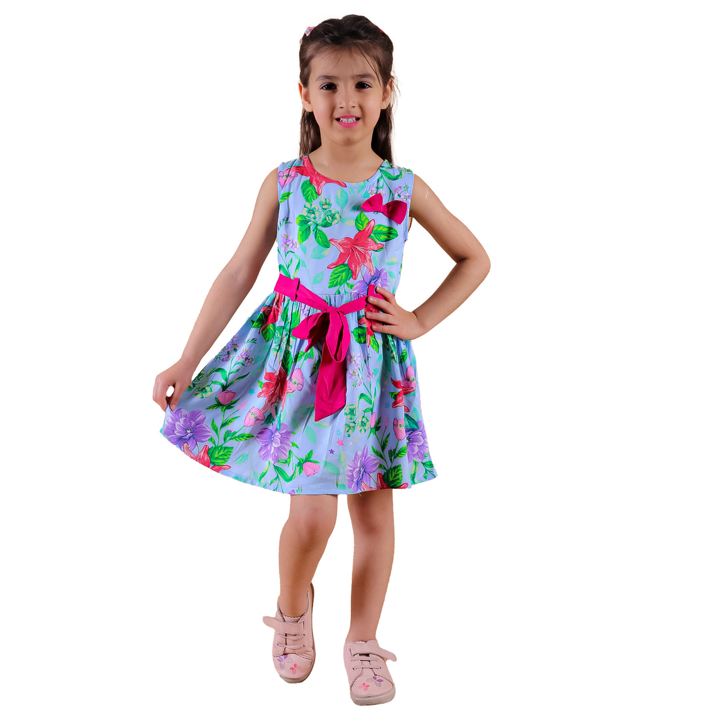 Girls Rayon Floral Printed Sleeveless Frock Dress with Stylish Waistbelt and Elegant Bow, Blue