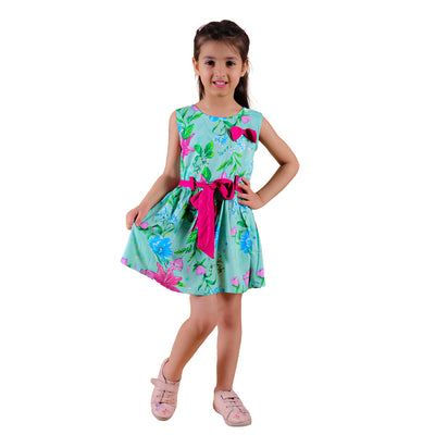 Girls Rayon Floral Printed Sleeveless Frock Dress with Stylish Waistbelt and Elegant Bow, Green