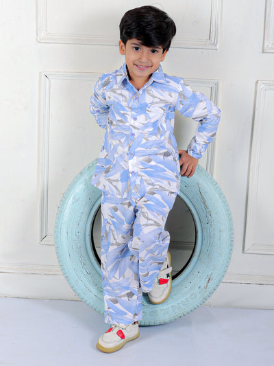 Boys Co-ord Set with Printed Rayon Shirt and Pant,  Sky Blue