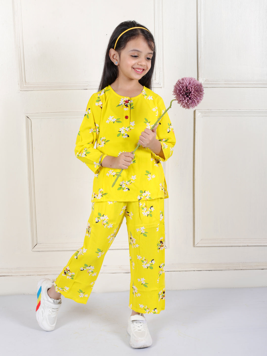 superminis Girls Printed Co-ord Set with Rayon Shirt and Pant, Yellow