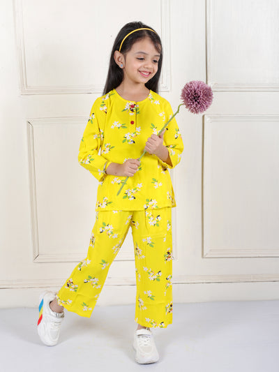 superminis Girls Printed Co-ord Set with Rayon Shirt and Pant, Yellow