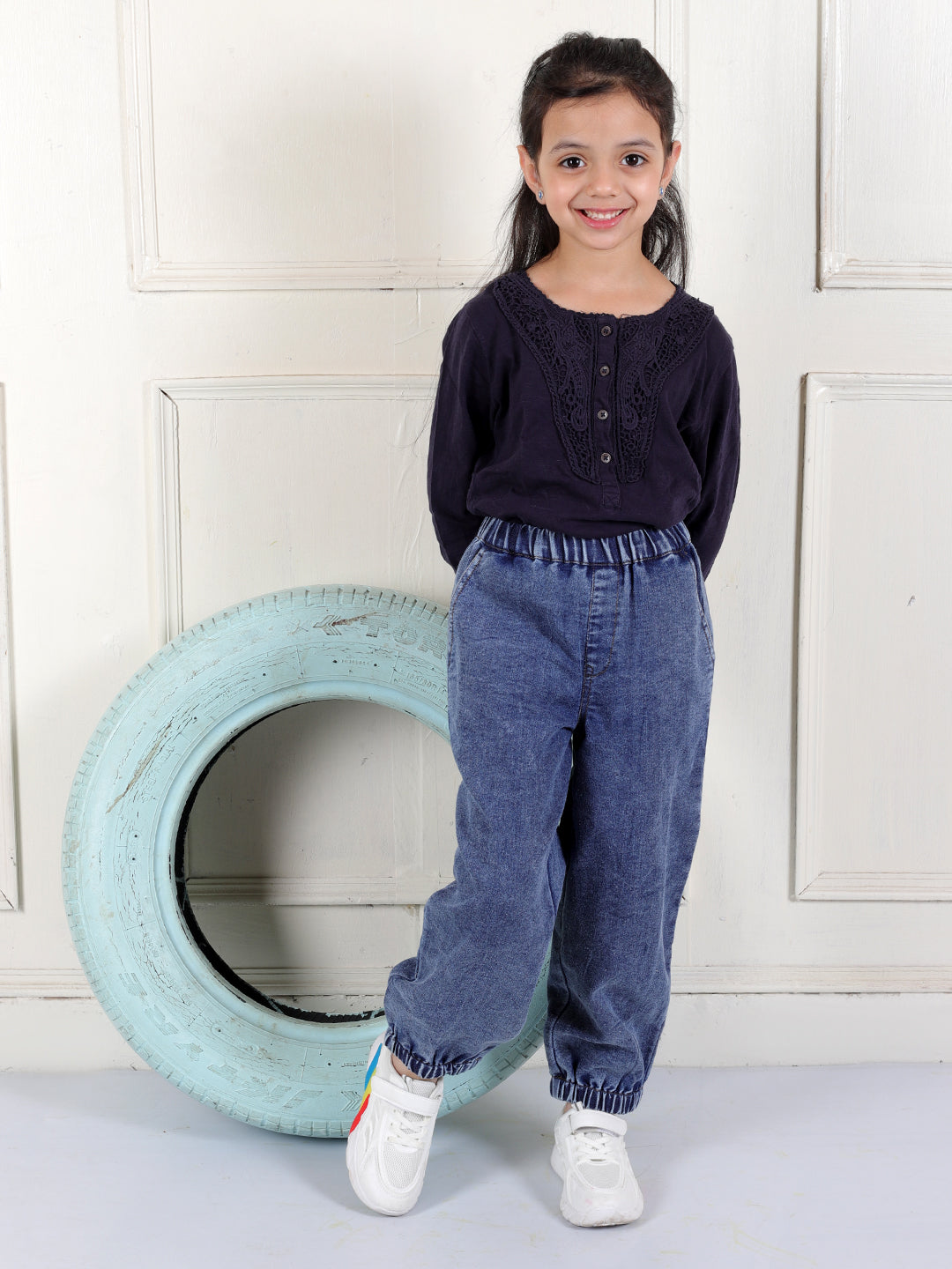 Girl's Stretchable Denim Pants with Elastic Closure, Blue